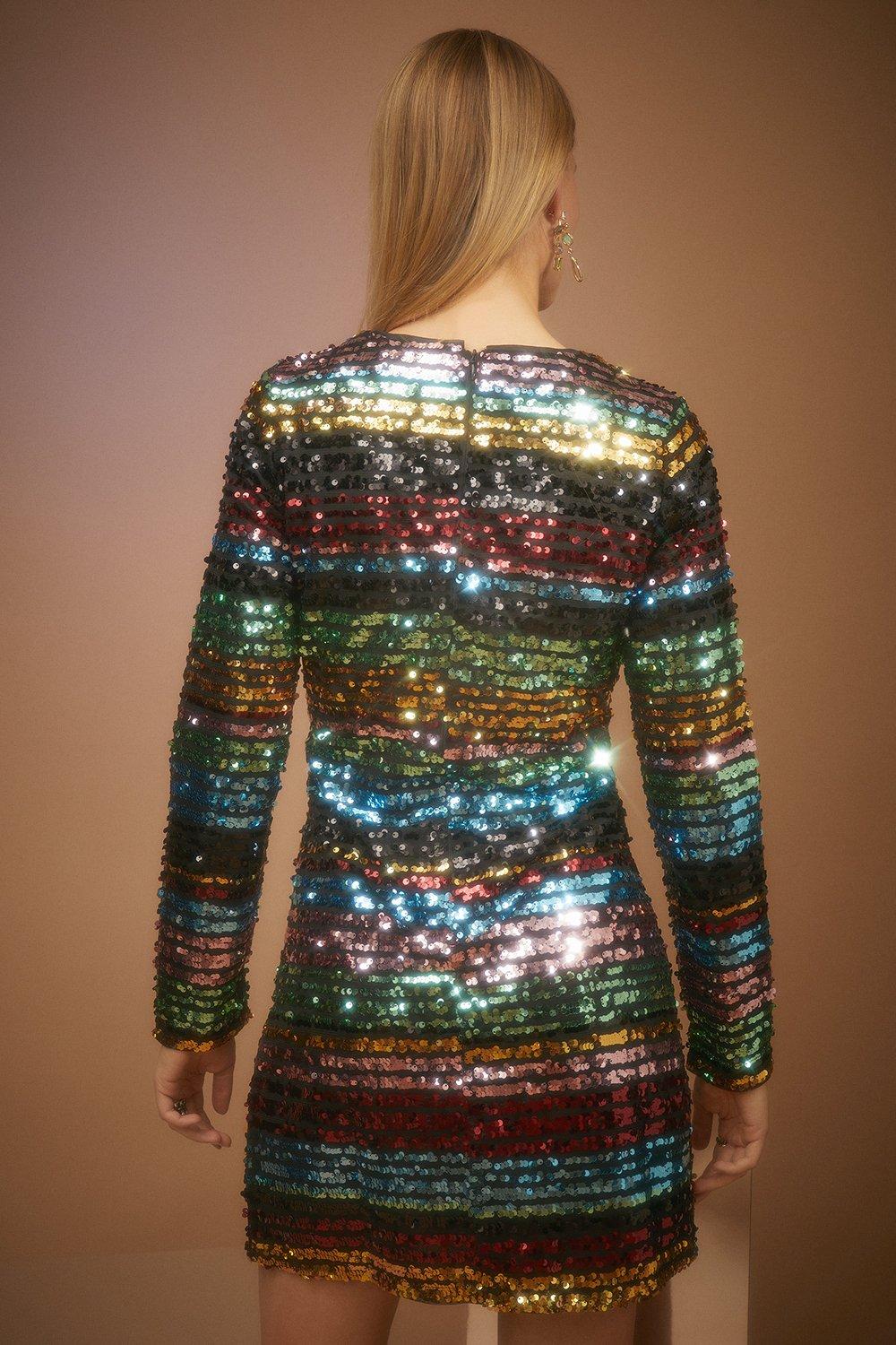 Rainbow Stripe Sequin Long Sleeve Dress ...
